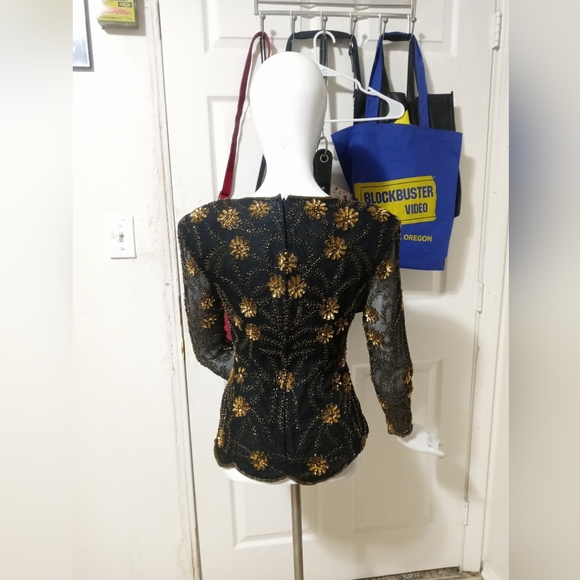 Vintage Stenay Gold Sequin Black Beaded Blouse Scalloped Sleeves Hem Silk Sz S - Picture 2 of 3